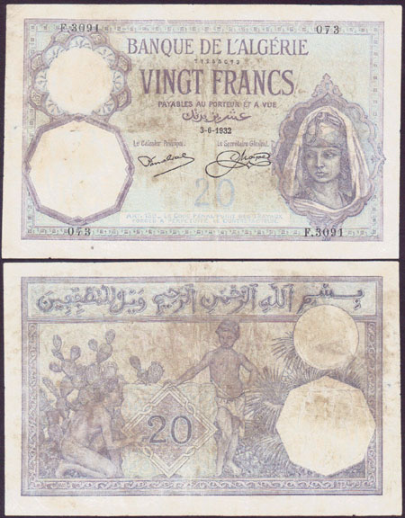 1932 Algeria 20 Francs (VF)